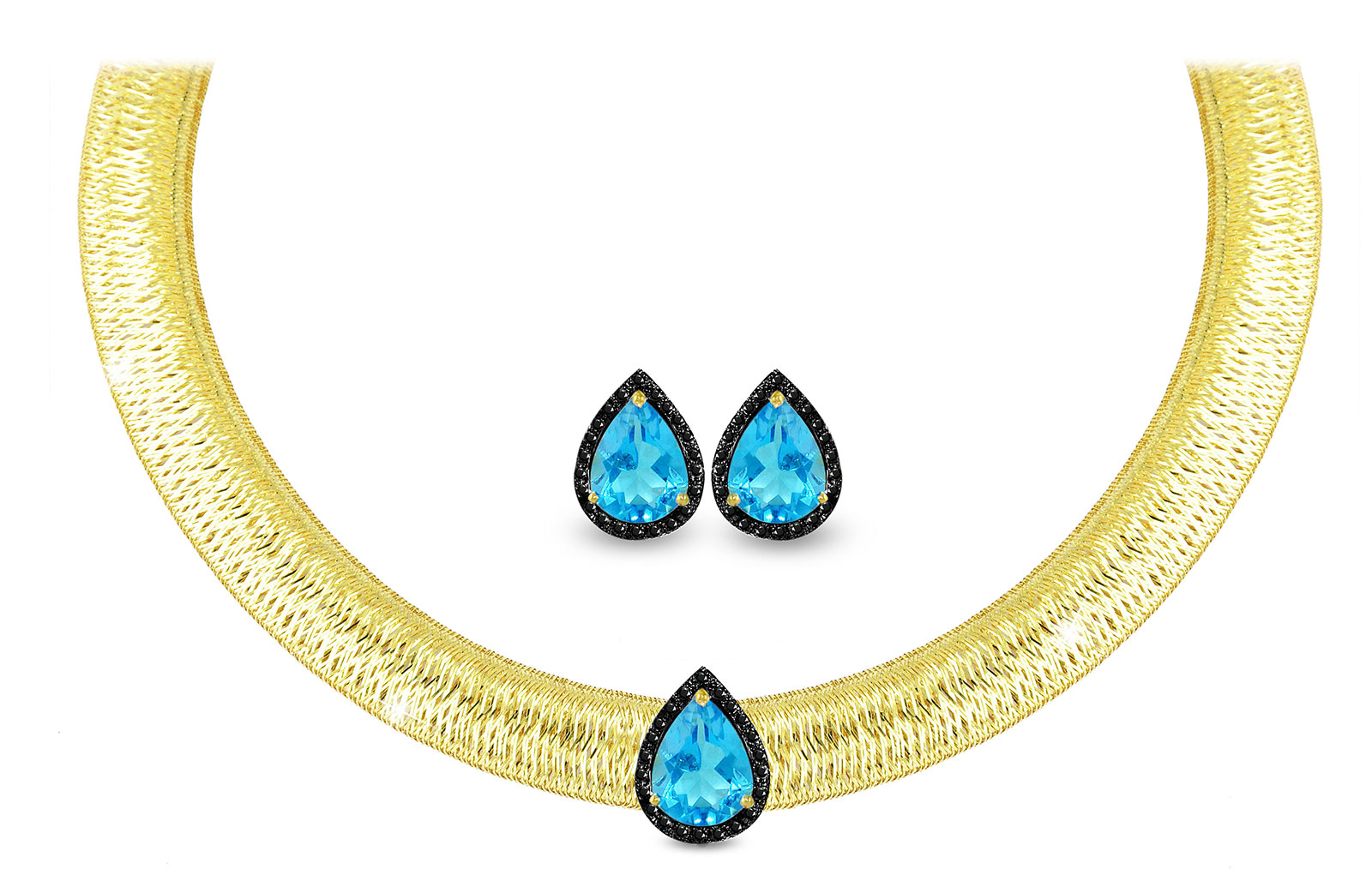 Vera Perla 18K Gold 0.36ct  Black Diamonds, Topaz Jewelry Set - 2 pcs.